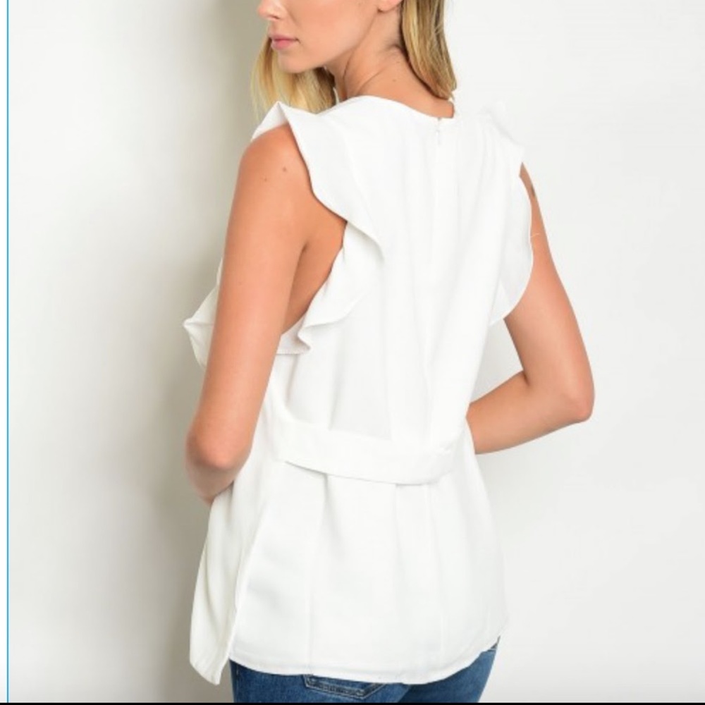 WHITE MINIMALIST RUFFLE SLEEVELESS TOP - Picture 3 of 7